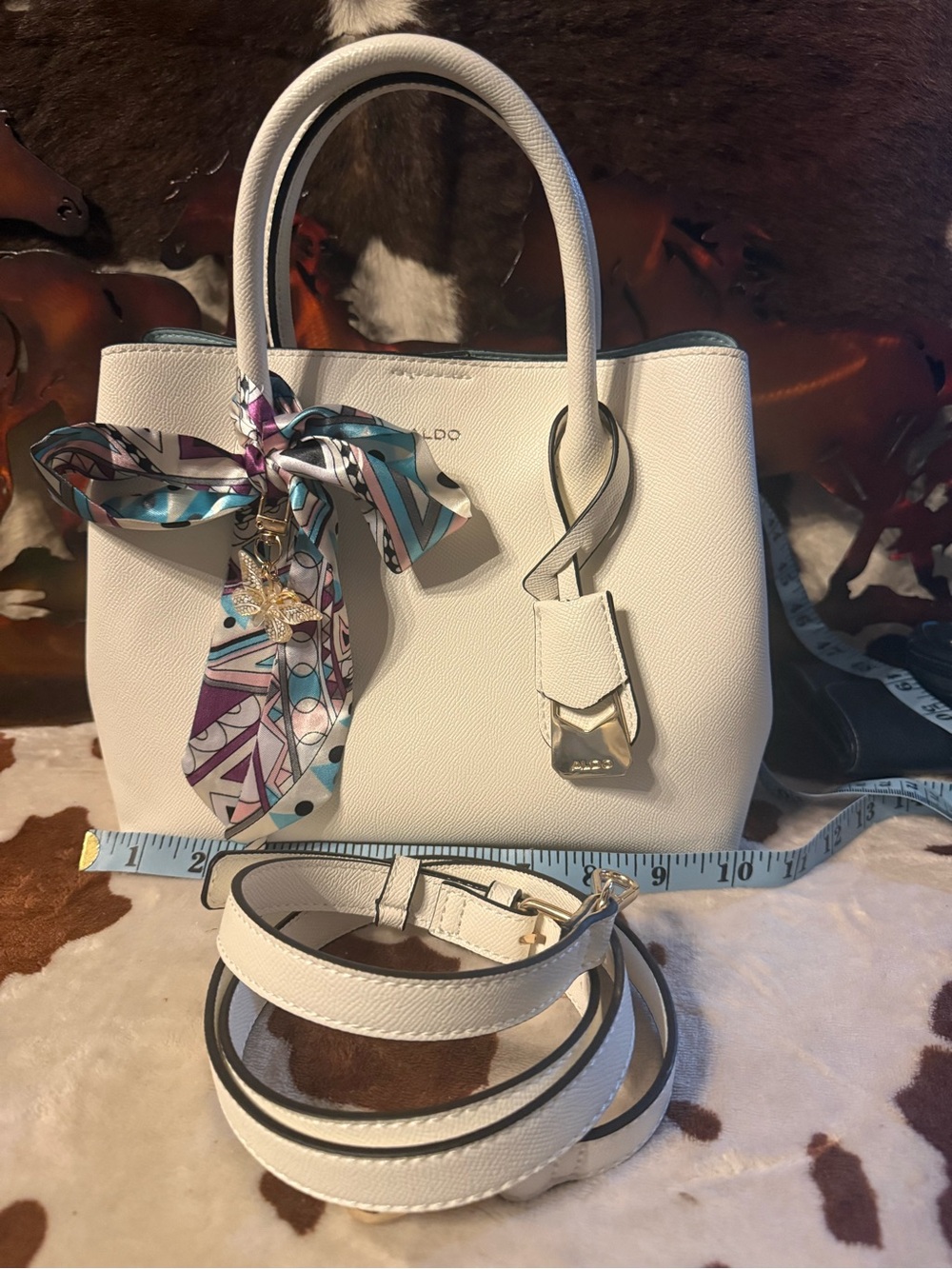 Aldo White Satchel with Multicolor Scarf Accent